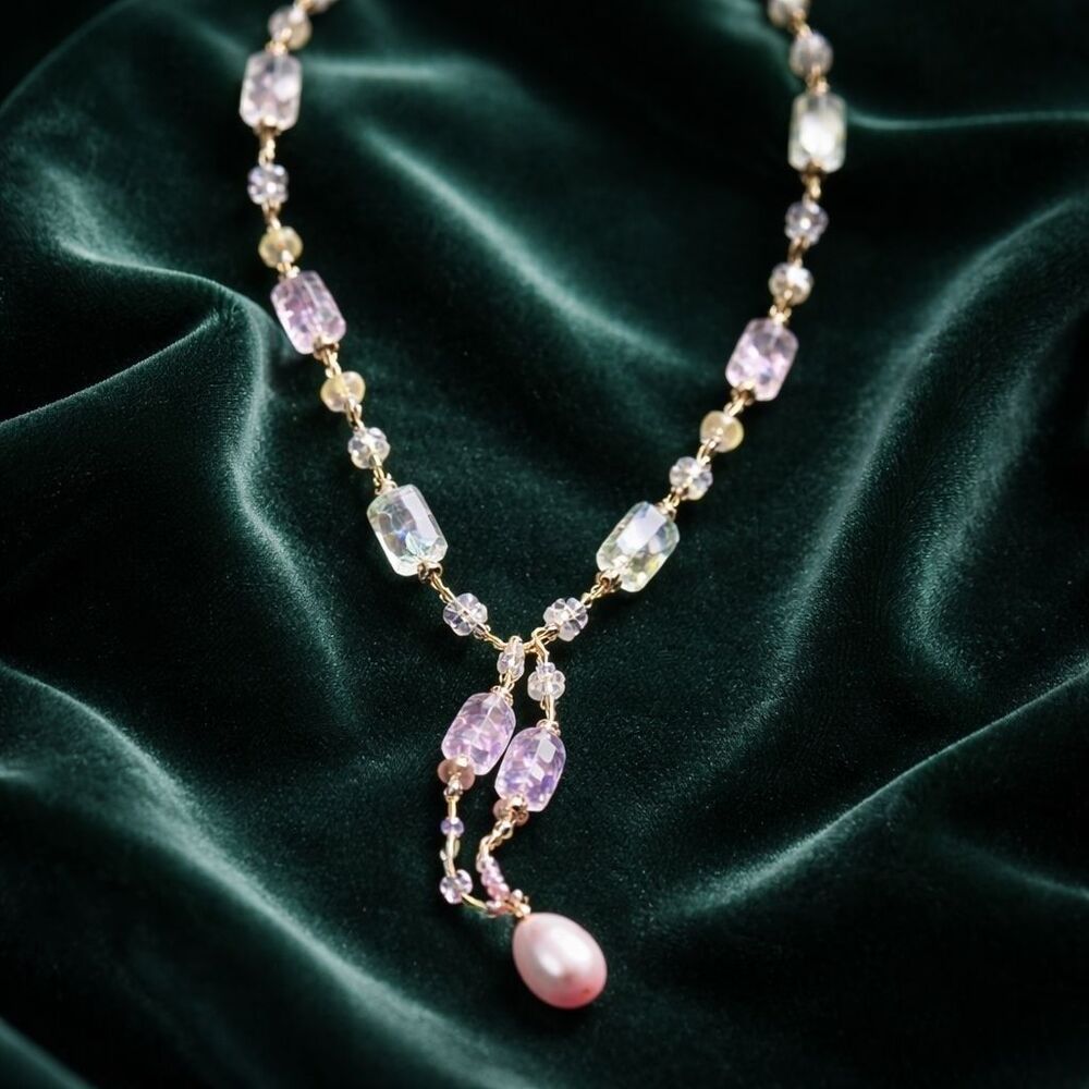 Vintage Delicate Pastel Glass Bead Lariat Necklace - Pink & Yellow